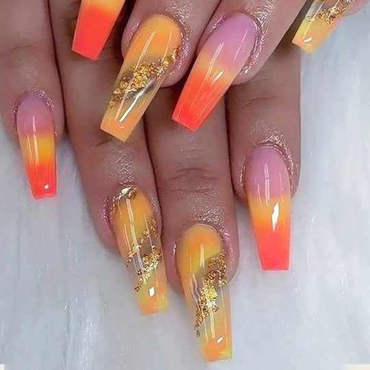 “Tropical Sunset Long Ballet Tip False Nails”