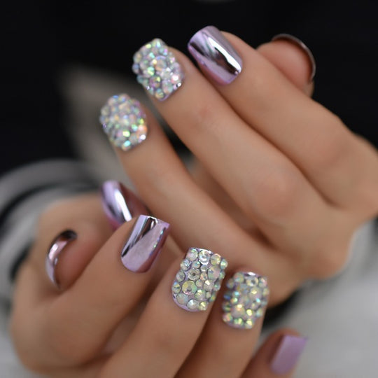 “Metallic Diamond Showers Short Square Tip Fashion Nails”