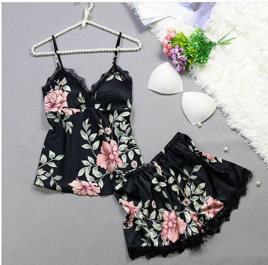 “Floral Temptation Satin and Lace Shorts Pajama Set”