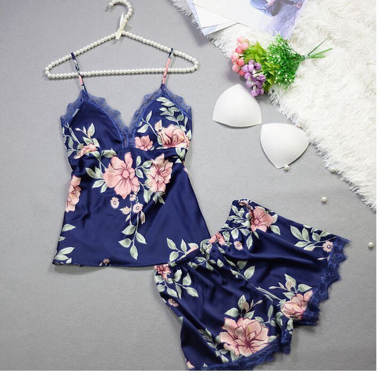 “Floral Temptation Satin and Lace Shorts Pajama Set”