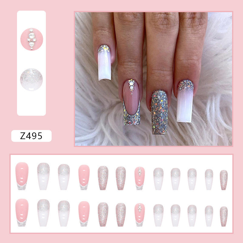 “French Glitter 24 Pieces Long Square Fashion Nails”