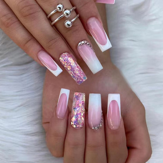 “Pink Glitter Mid Coffin French Fashion Nails”