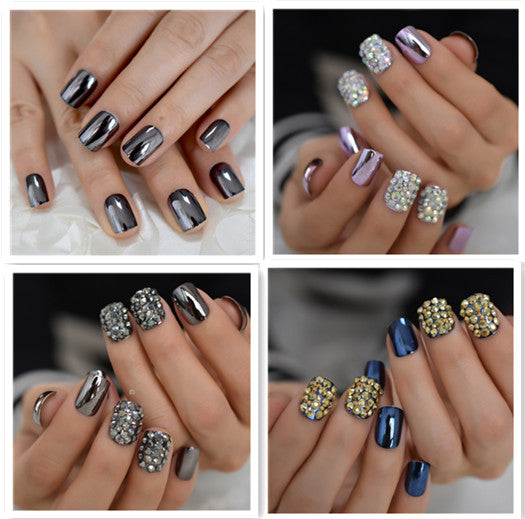 “Metallic Diamond Showers Short Square Tip Fashion Nails”