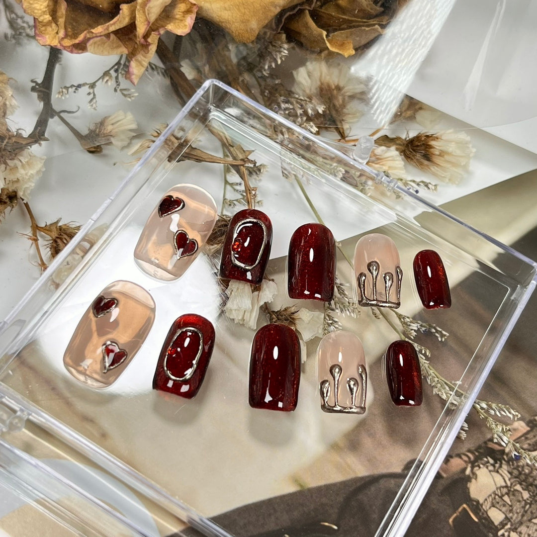 “Red Cat's Eye 10 Piece Square Short FashionNails”