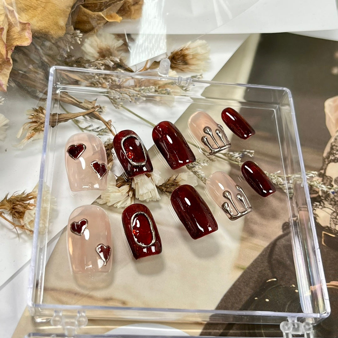 “Red Cat's Eye 10 Piece Square Short FashionNails”