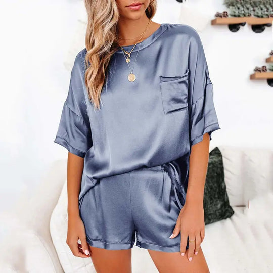 "Satin Dream Short Sleeve Pocket Shorts Pajama Set"