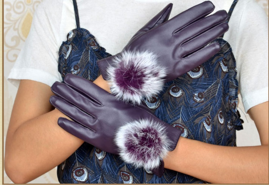 “Faux Leather Pom Pom Gloves”