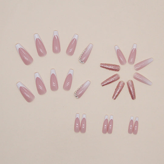 “Pink Glitter Mid Coffin French Fashion Nails”