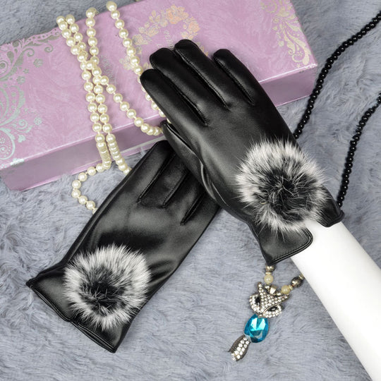 “Faux Leather Pom Pom Gloves”