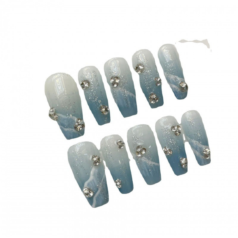 “Blue Ocean Bloom Mid Coffin Tip Fashion Nails”