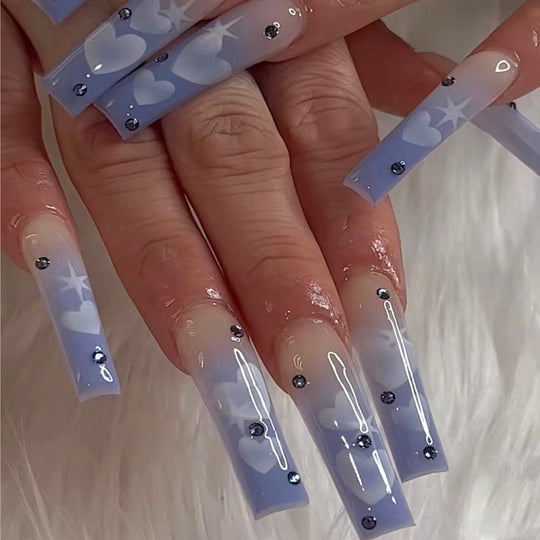 “Blue Hearts XL Coffin Tip False Nails”