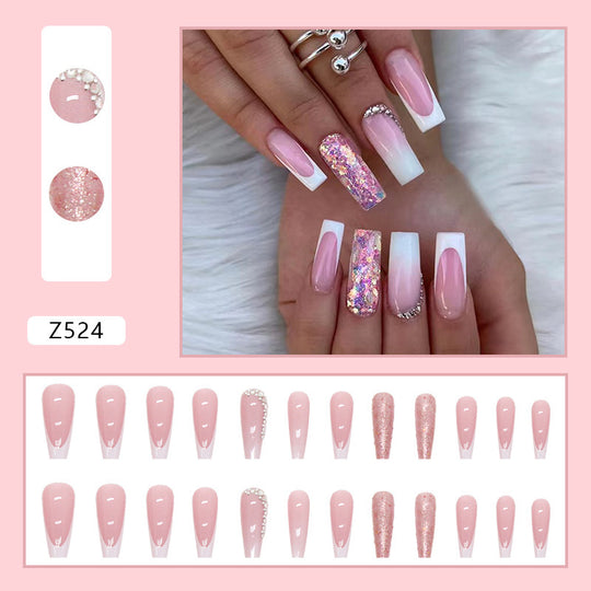 “Pink Glitter Mid Coffin French Fashion Nails”