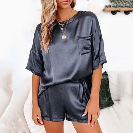 "Satin Dream Short Sleeve Pocket Shorts Pajama Set"