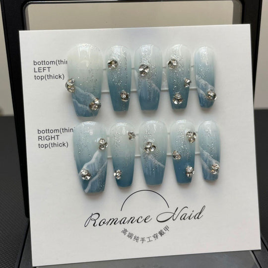 “Blue Ocean Bloom Mid Coffin Tip Fashion Nails”