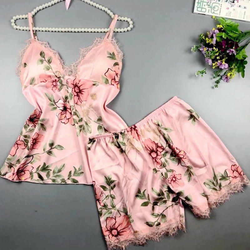 “Floral Temptation Satin and Lace Shorts Pajama Set”