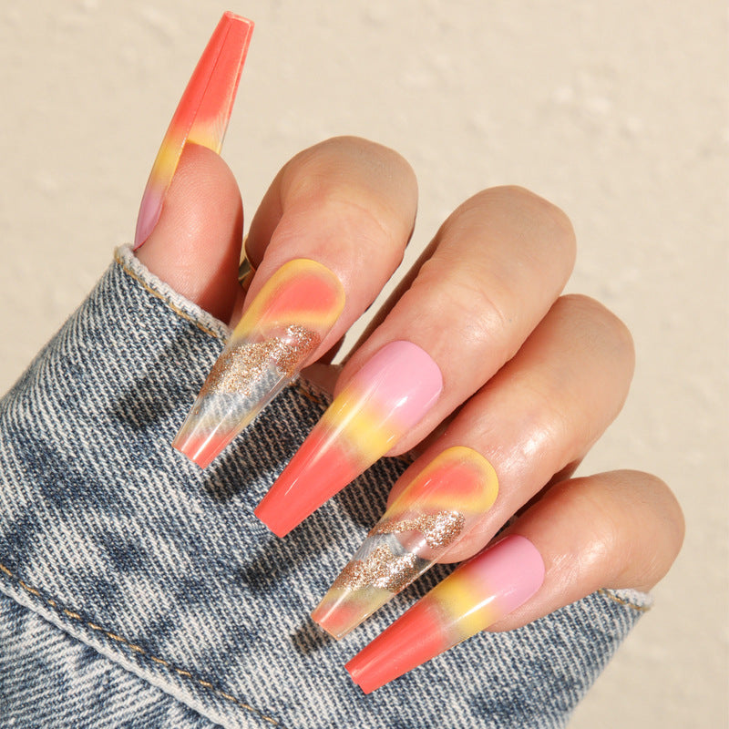 “Tropical Sunset Long Ballet Tip False Nails”