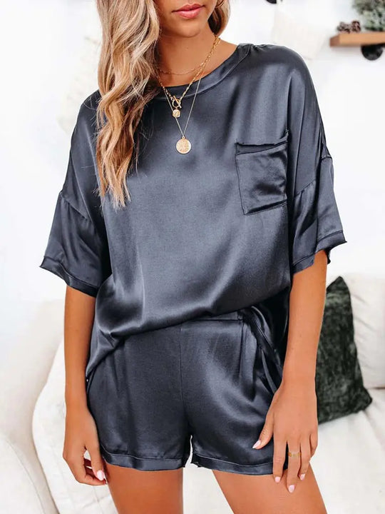 "Satin Dream Short Sleeve Pocket Shorts Pajama Set"