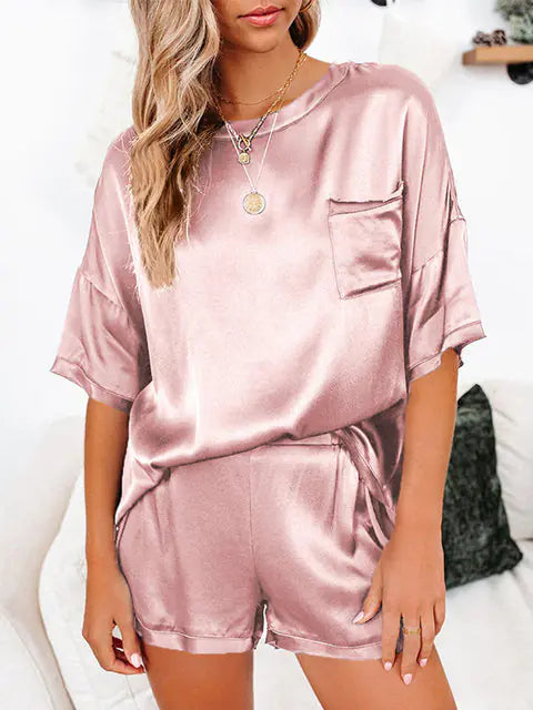 "Satin Dream Short Sleeve Pocket Shorts Pajama Set"