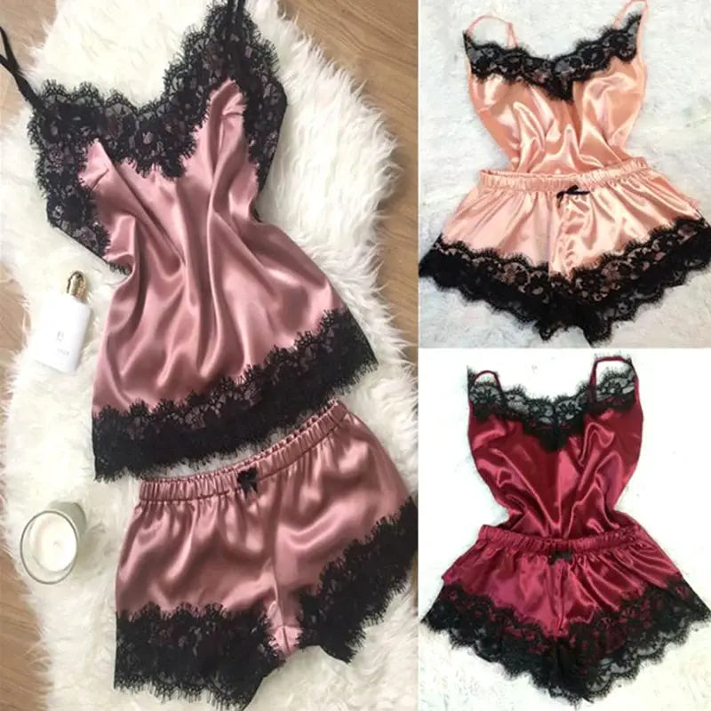 “Vintage Doll Satin and Lace Shorts Pajama Set”