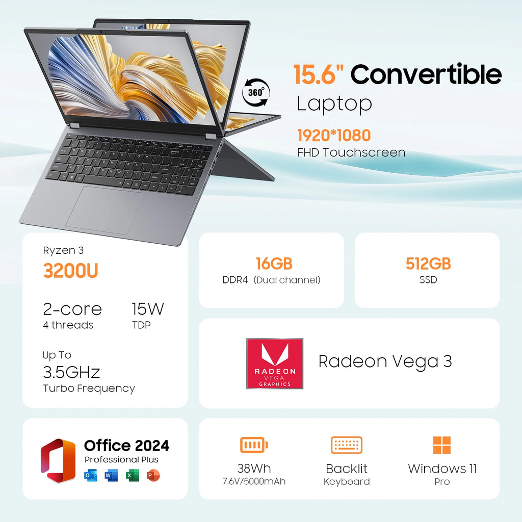 2 in 1 Laptop Computer,15.6" 16GB 512GB Touchscreen ,
