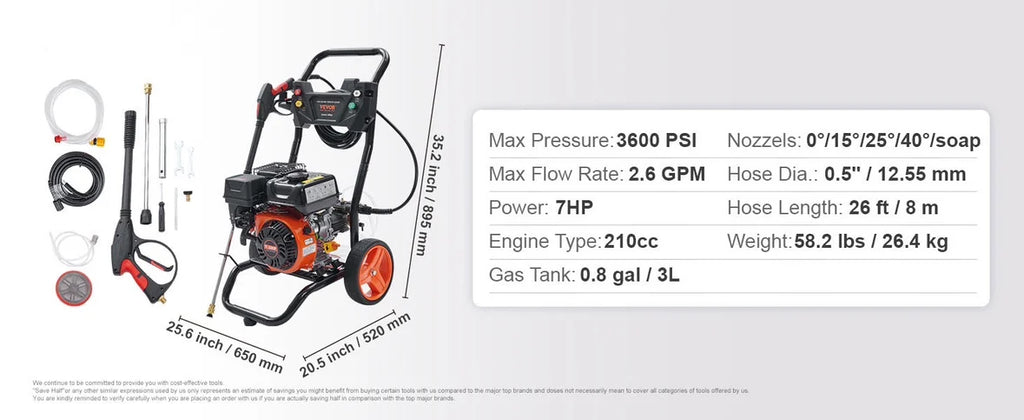 SucceBuy Gas Pressure Washer 3600 PSI 2.6 GPM Gas Powered Pressure Washer with Copper Pump Spray Gun and Extension Wand 5Nozzles