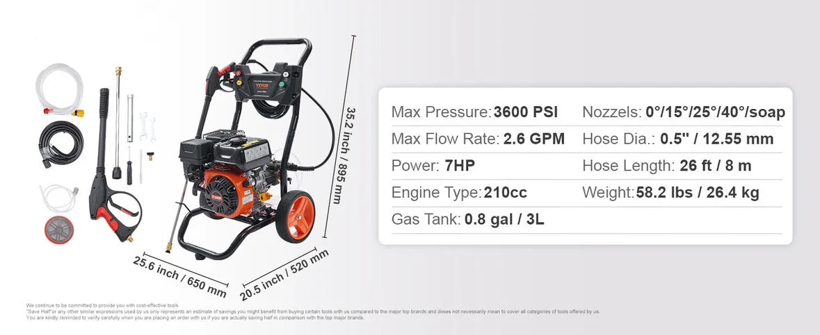 SucceBuy Gas Pressure Washer 3600 PSI 2.6 GPM Gas Powered Pressure Washer with Copper Pump Spray Gun and Extension Wand 5Nozzles
