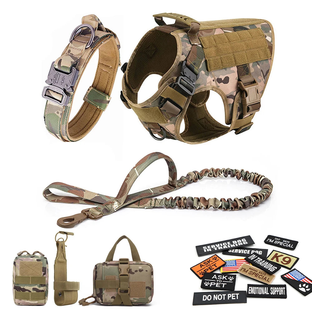 Military Large Dog Harness Collar Leash Bags Patches