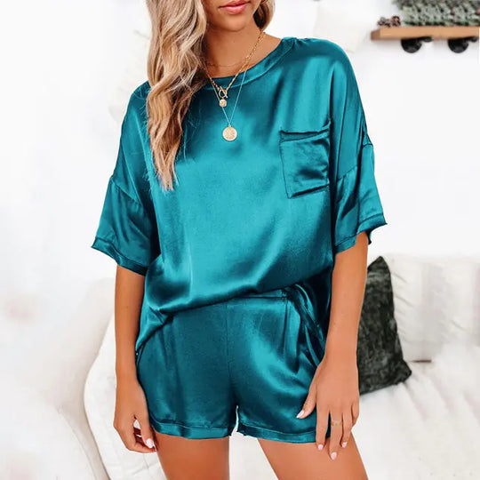 "Satin Dream Short Sleeve Pocket Shorts Pajama Set"