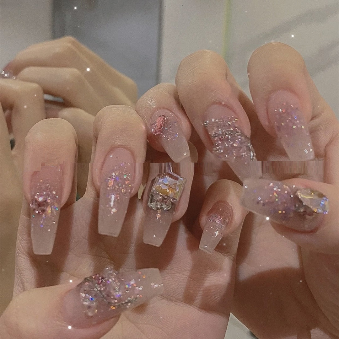 "Diamond Clusters 10 Piece Long Coffin Tip Fashion Nails"