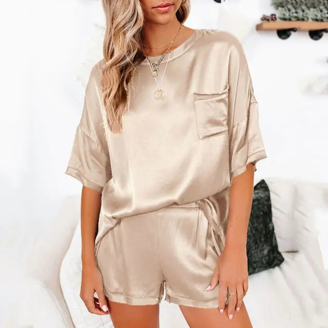 "Satin Dream Short Sleeve Pocket Shorts Pajama Set"