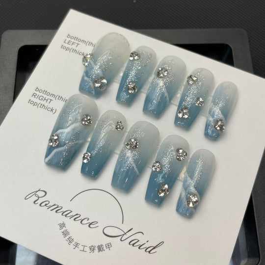 “Blue Ocean Bloom Mid Coffin Tip Fashion Nails”