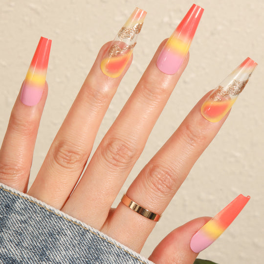 “Tropical Sunset Long Ballet Tip False Nails”