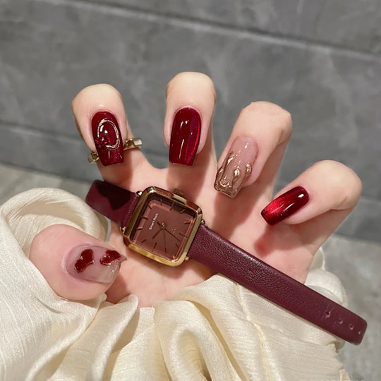 “Red Cat's Eye 10 Piece Square Short FashionNails”