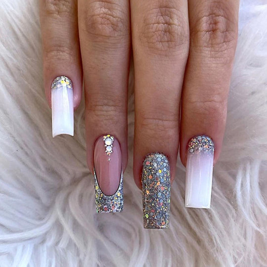 “French Glitter 24 Pieces Long Square Fashion Nails”