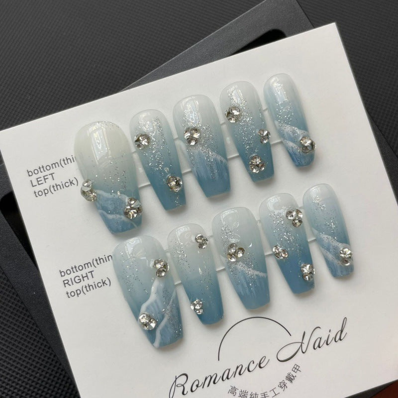 “Blue Ocean Bloom Mid Coffin Tip Fashion Nails”