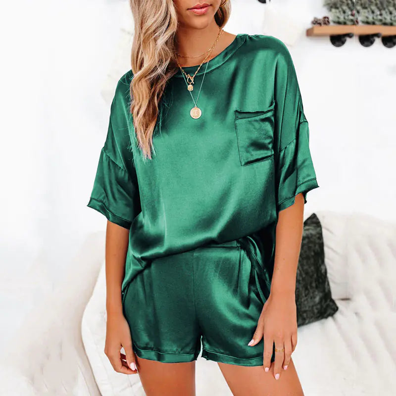 "Satin Dream Short Sleeve Pocket Shorts Pajama Set"