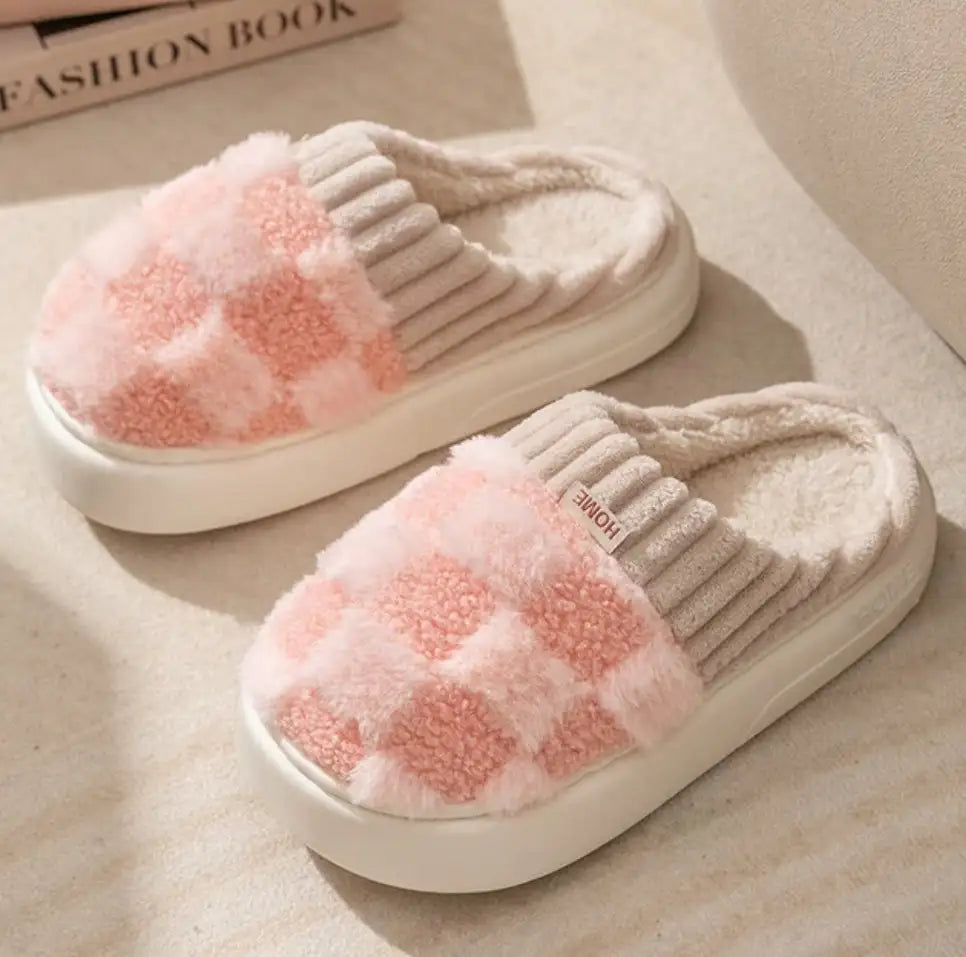 “Fluffy Checkerboard Slippers”