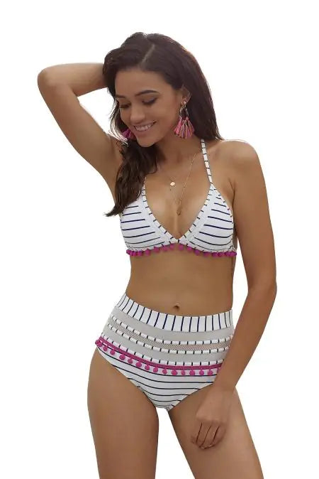 "Sophia Nautical Pom Pom High Waisted Bikini"