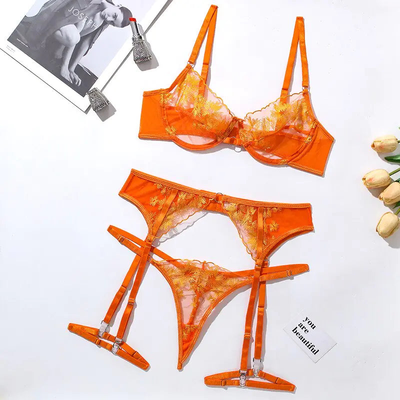 “Ellolace Orange Crush 3 Piece  Lingerie Set”