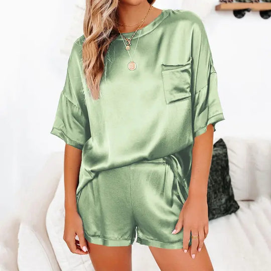 "Satin Dream Short Sleeve Pocket Shorts Pajama Set"